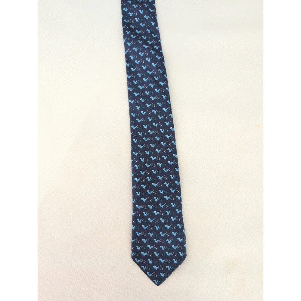 Hermes Silk Necktie Navy Blue Squirrel Cracking Nut Animal Print Made in France